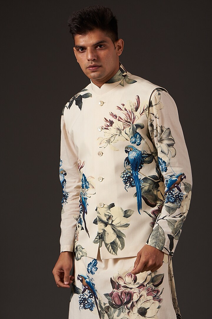 Ivory Cotton Floral Digital Printed Bundi Jacket by Balance by Rohit Bal Men at Pernia's Pop Up Shop