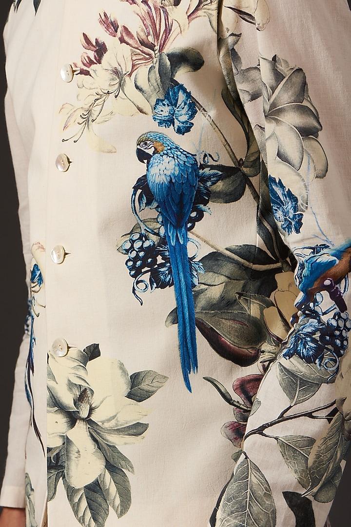 Ivory Cotton Floral Digital Printed Bundi Jacket by Balance by Rohit Bal Men at Pernia's Pop Up Shop