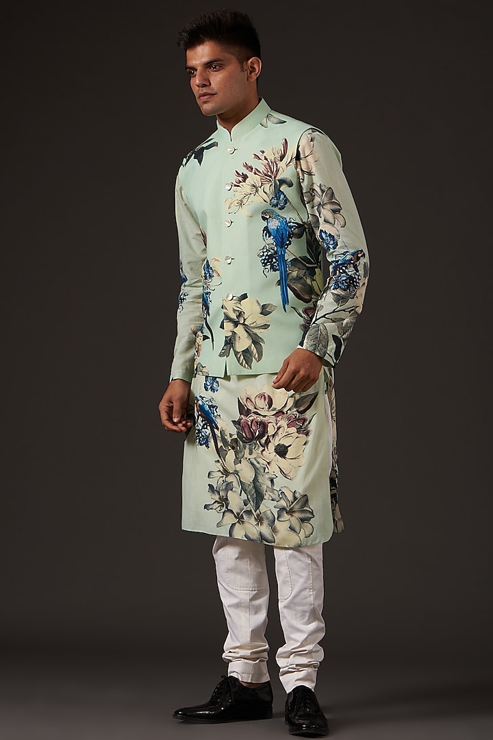 Sea Green Cotton Floral Digital Printed Bundi Jacket by Balance by Rohit Bal Men at Pernia's Pop Up Shop