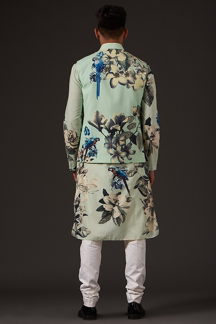 Sea Green Cotton Floral Digital Printed Bundi Jacket by Balance by Rohit Bal Men at Pernia's Pop Up Shop