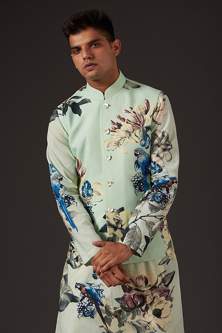 Sea Green Cotton Floral Digital Printed Bundi Jacket by Balance by Rohit Bal Men at Pernia's Pop Up Shop