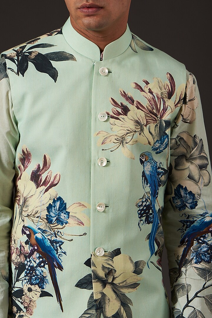 Sea Green Cotton Floral Digital Printed Bundi Jacket by Balance by Rohit Bal Men at Pernia's Pop Up Shop