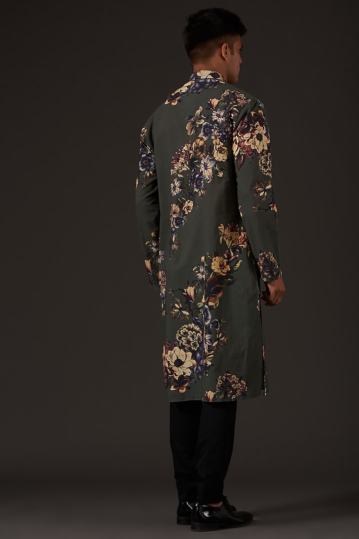 Grey Cotton Floral Digital Printed Kurta Set by Balance by Rohit Bal Men at Pernia's Pop Up Shop