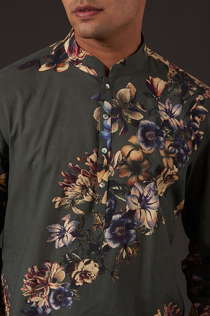 Grey Cotton Floral Digital Printed Kurta Set by Balance by Rohit Bal Men at Pernia's Pop Up Shop