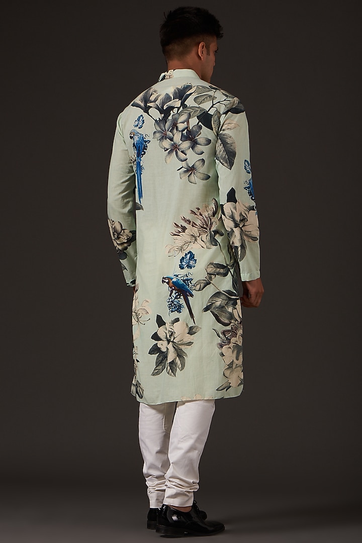 Sea Green Cotton Floral Printed Kurta Set by Balance by Rohit Bal Men at Pernia's Pop Up Shop