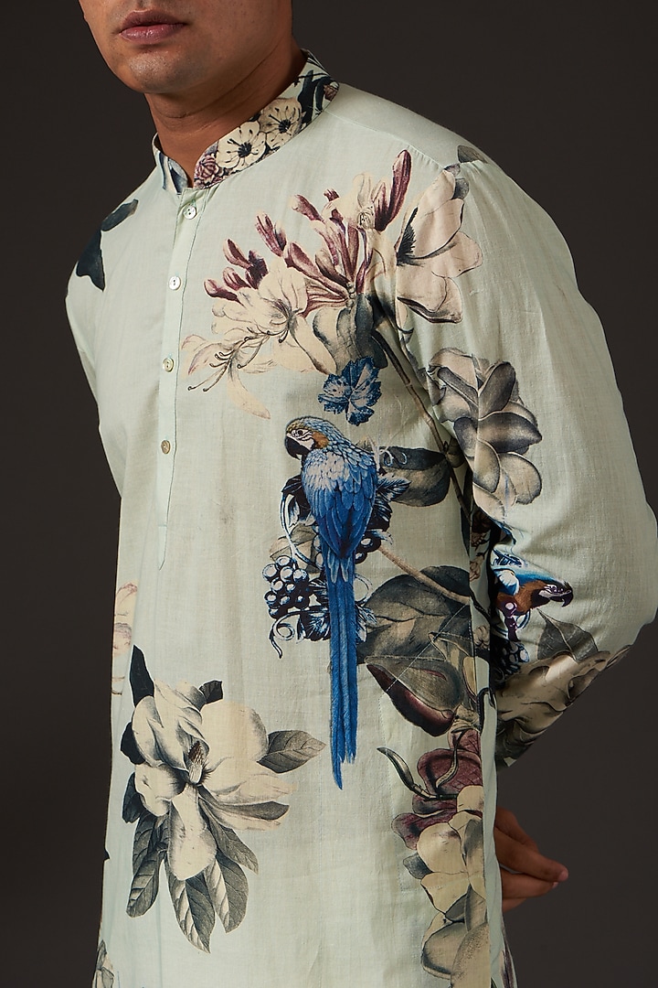 Sea Green Cotton Floral Printed Kurta Set by Balance by Rohit Bal Men at Pernia's Pop Up Shop