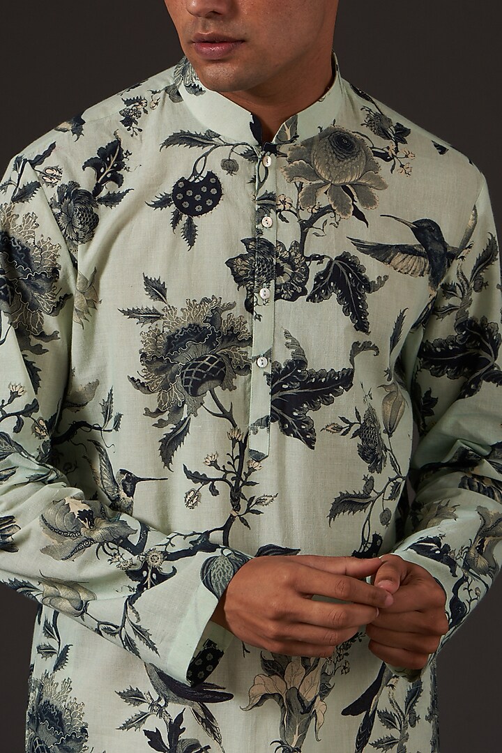 Sea Green Cotton Floral Digital Printed Kurta Set by Balance by Rohit Bal Men at Pernia's Pop Up Shop
