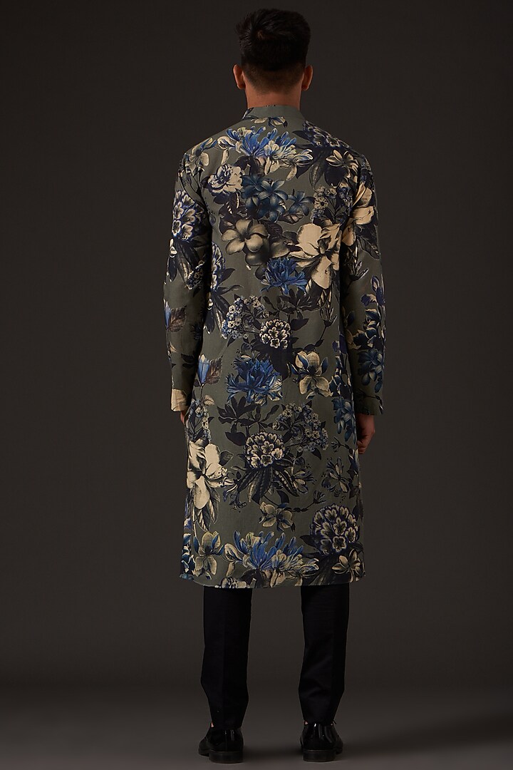 Grey Cotton Floral Digital Printed Kurta Set by Balance by Rohit Bal Men at Pernia's Pop Up Shop