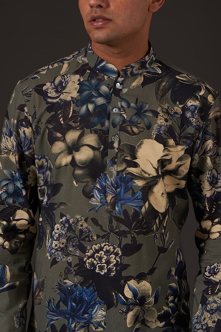 Grey Cotton Floral Digital Printed Kurta Set by Balance by Rohit Bal Men at Pernia's Pop Up Shop