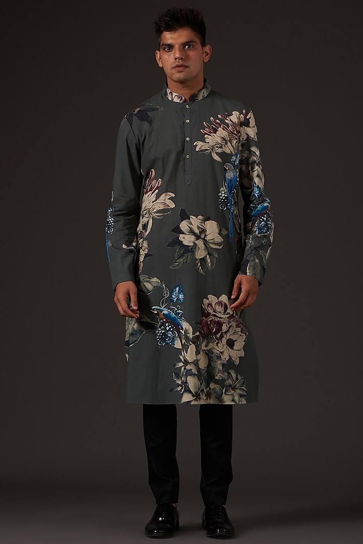 Grey Cotton Floral Digital Printed Kurta Set by Balance by Rohit Bal Men