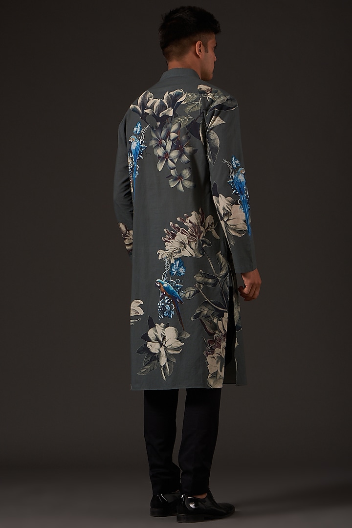 Grey Cotton Floral Digital Printed Kurta Set by Balance by Rohit Bal Men at Pernia's Pop Up Shop