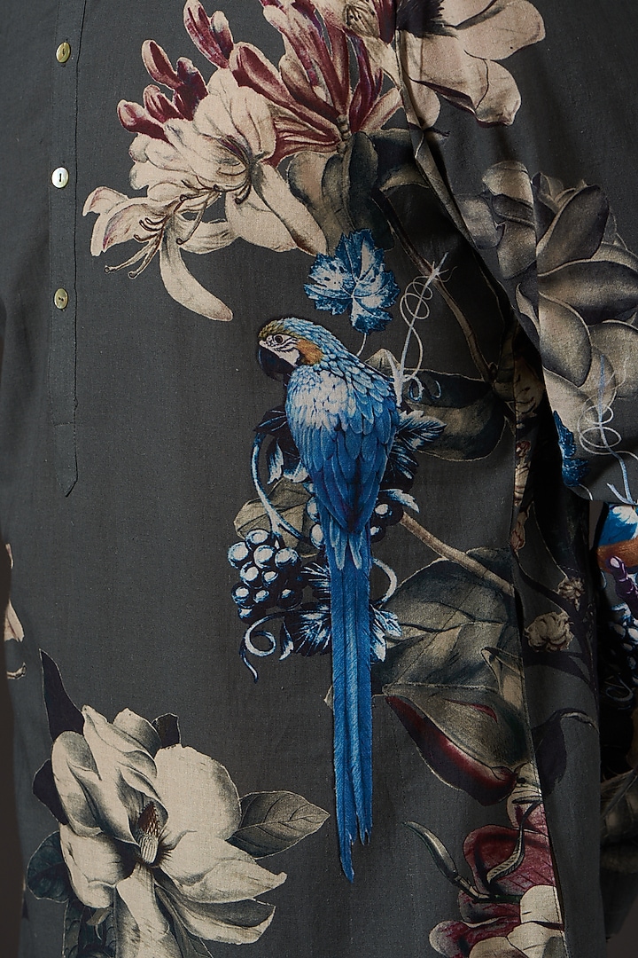 Grey Cotton Floral Digital Printed Kurta Set by Balance by Rohit Bal Men at Pernia's Pop Up Shop