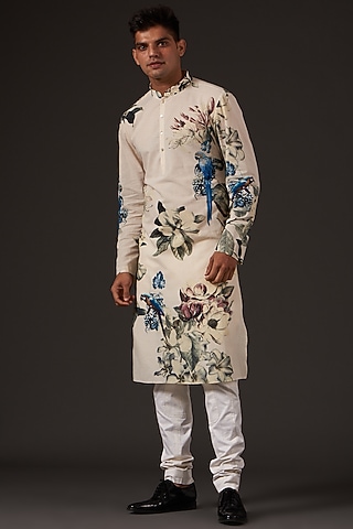 Ivory Floral Printed Kurta Set by Balance by Rohit Bal Men