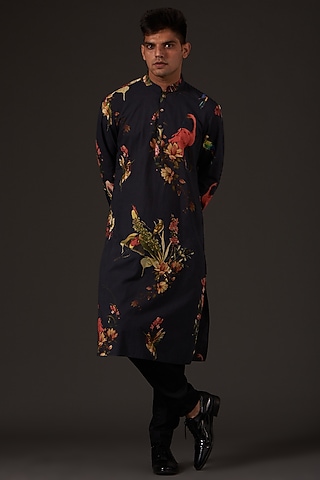 Black Floral Printed Kurta Set by Balance by Rohit Bal Men