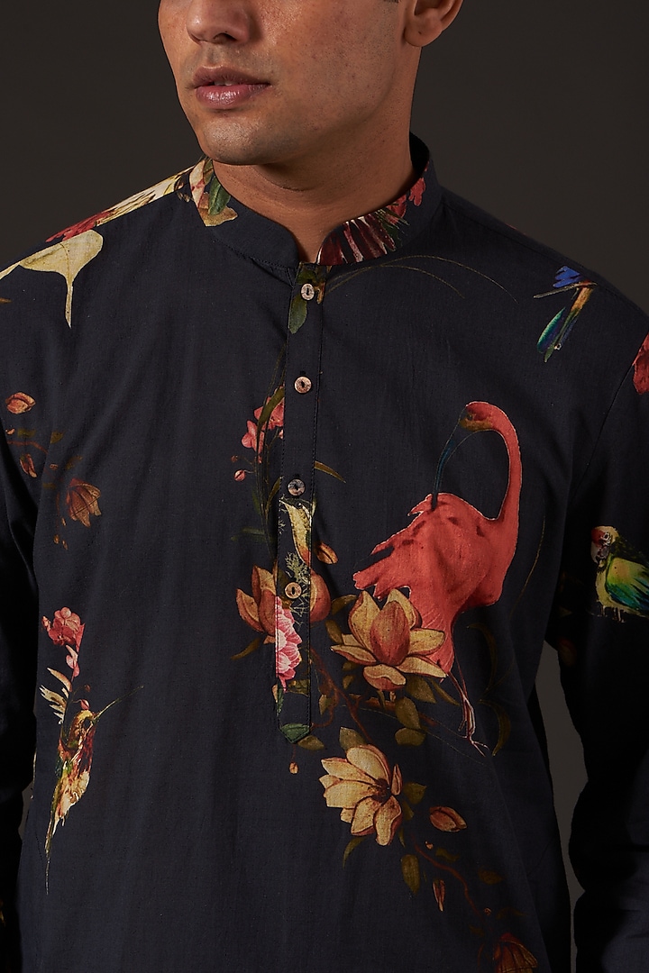 Black Floral Printed Kurta Set by Balance by Rohit Bal Men at Pernia's Pop Up Shop