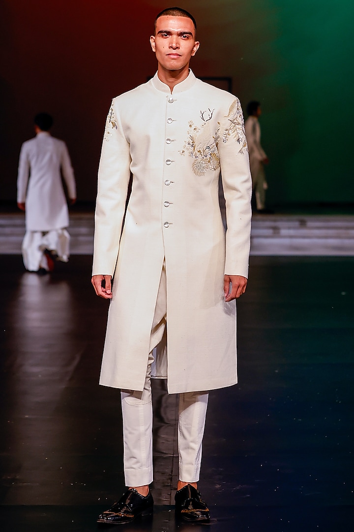 Ivory Matka Silk Hand Embroidered Sherwani by Rohit Bal Men