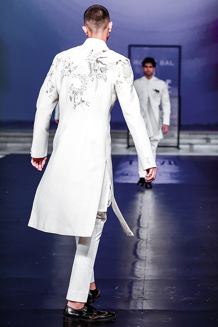 Ivory Matka Silk Hand Embroidered Groom Sherwani by Rohit Bal Men at Pernia's Pop Up Shop