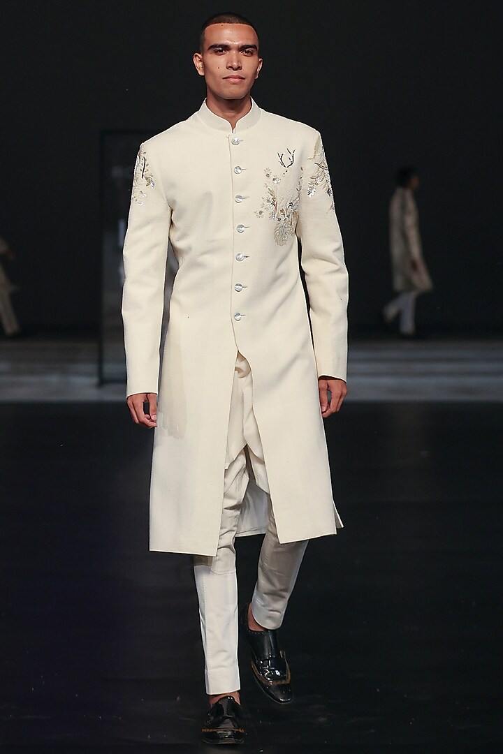 Ivory Matka Silk Hand Embroidered Groom Sherwani by Rohit Bal Men at Pernia's Pop Up Shop