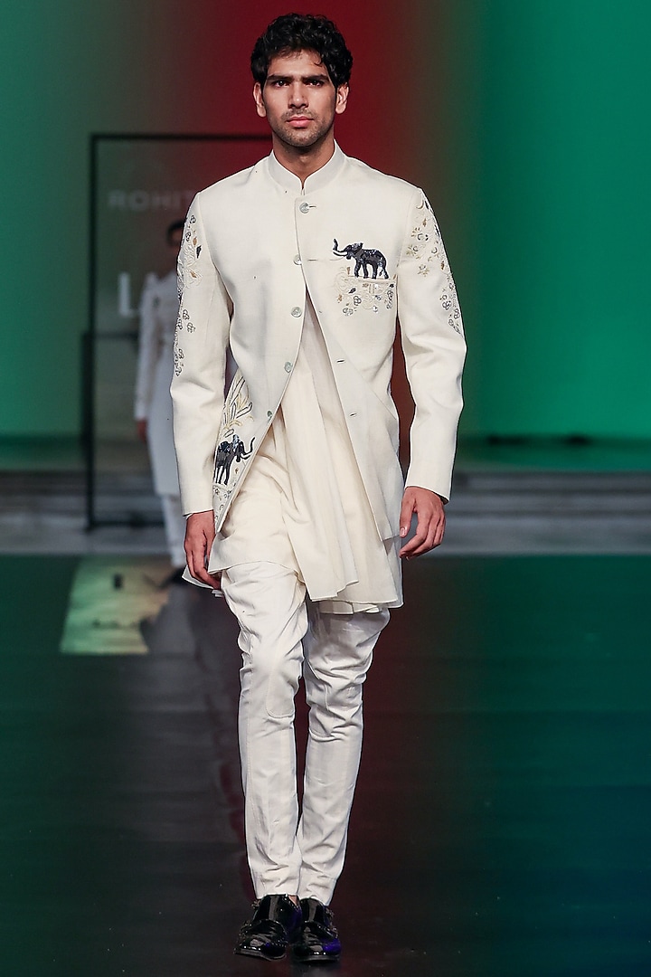 Ivory Matka Silk Hand Embroidered Sherwani by Rohit Bal Men