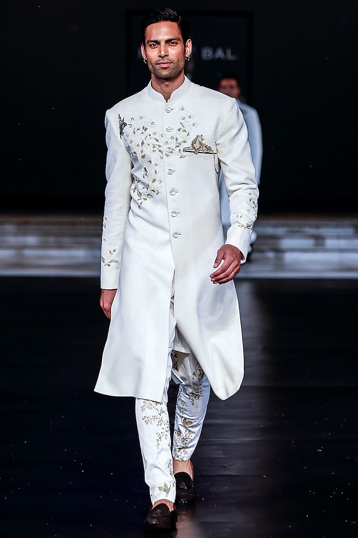 Ivory Matka Silk Hand Embroidered Sherwani by Rohit Bal Men