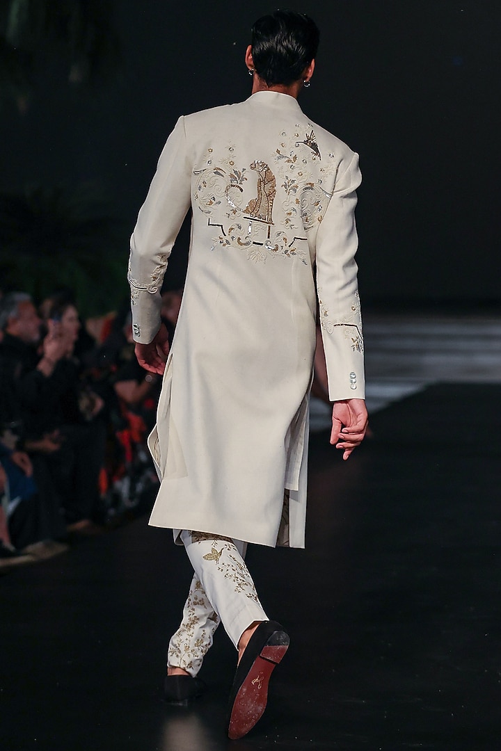 Ivory Matka Silk Hand Embroidered Groom Sherwani by Rohit Bal Men at Pernia's Pop Up Shop