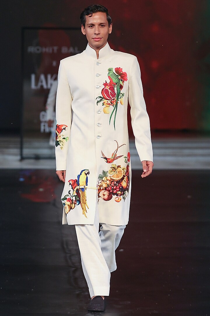 Ivory Matka Silk Machine Embroidered Groom Sherwani by Rohit Bal Men at Pernia's Pop Up Shop