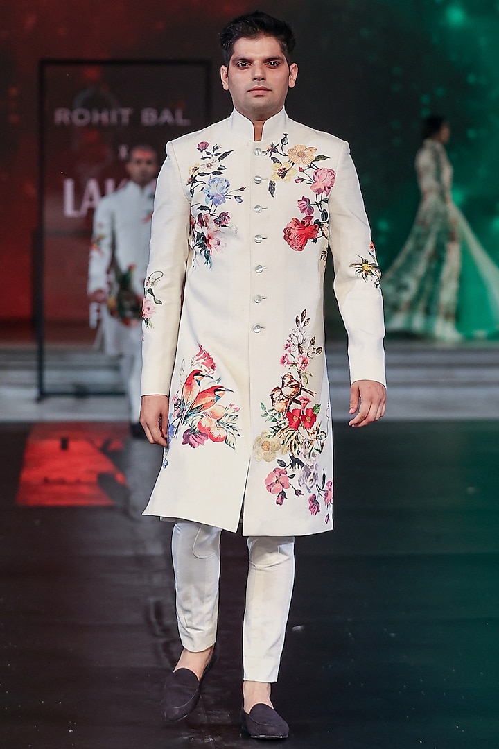 Ivory Chanderi Silk Printed Sherwani by Rohit Bal Men