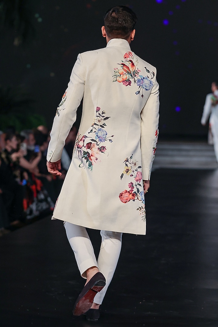 Ivory Chanderi Silk Printed Groom Sherwani by Rohit Bal Men at Pernia's Pop Up Shop