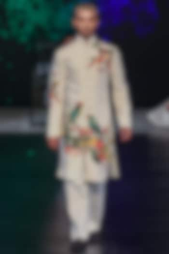 Ivory Matka Silk Printed Sherwani by Rohit Bal Men