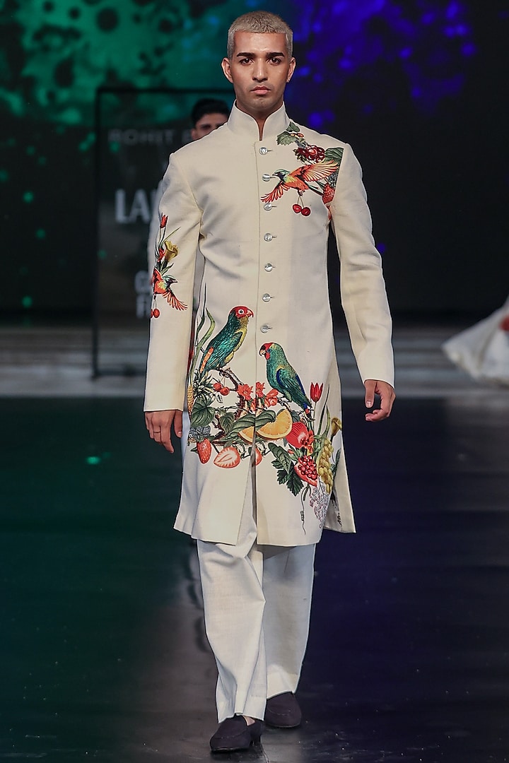 Ivory Matka Silk Printed Sherwani by Rohit Bal Men