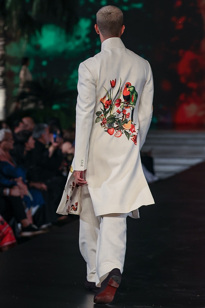 Ivory Matka Silk Printed Groom Sherwani by Rohit Bal Men at Pernia's Pop Up Shop