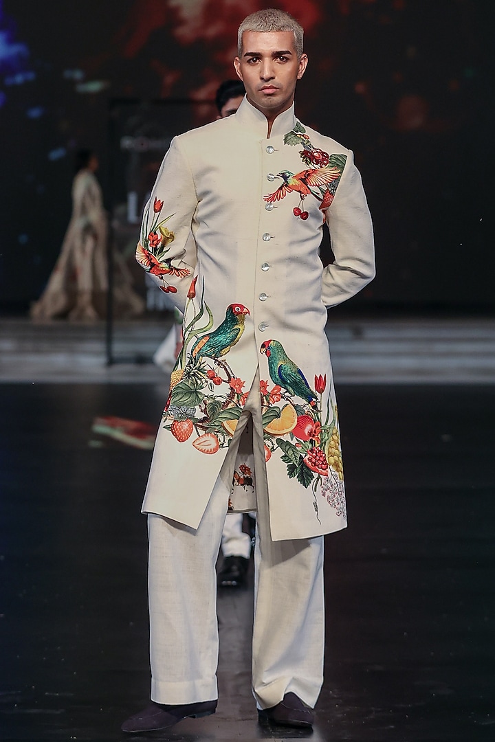 Ivory Matka Silk Printed Groom Sherwani by Rohit Bal Men at Pernia's Pop Up Shop