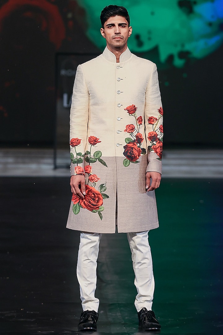 Ivory Chanderi Silk Printed Sherwani by Rohit Bal Men