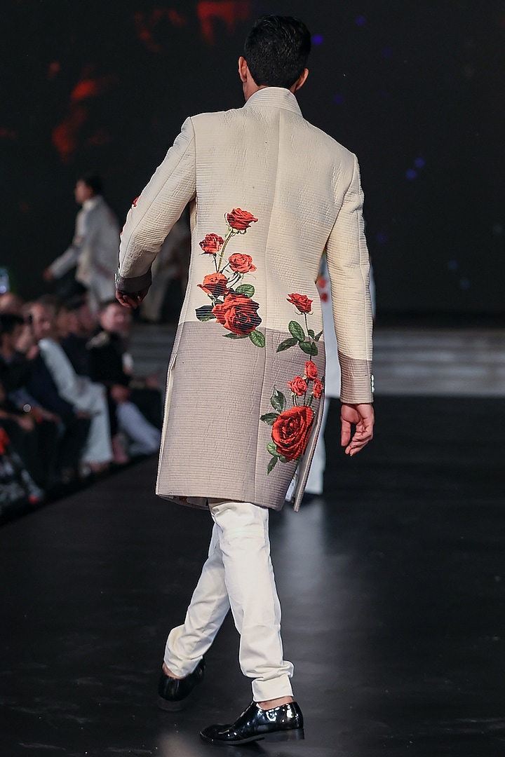 Ivory Chanderi Silk Printed Groom Sherwani by Rohit Bal Men at Pernia's Pop Up Shop