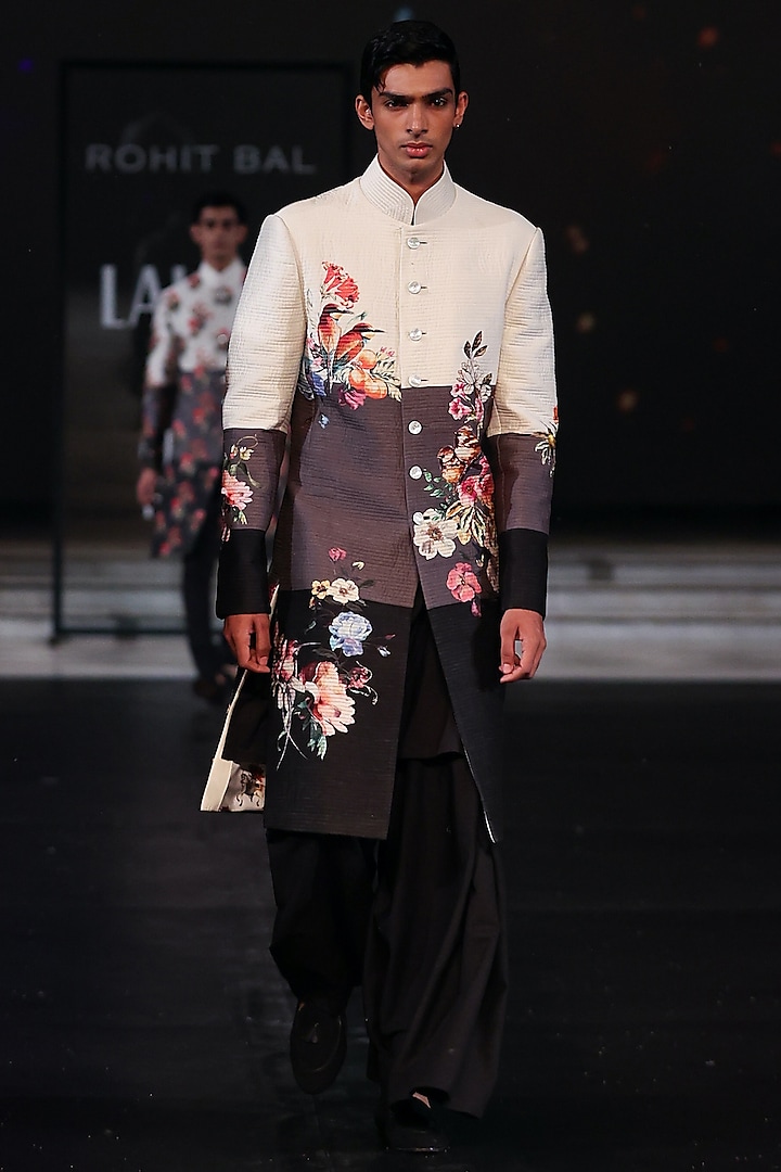 Ivory Chanderi Silk Digital Printed Sherwani by Rohit Bal Men