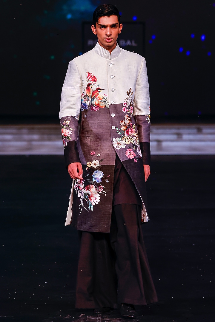 Ivory Chanderi Silk Digital Printed Groom Sherwani by Rohit Bal Men at Pernia's Pop Up Shop