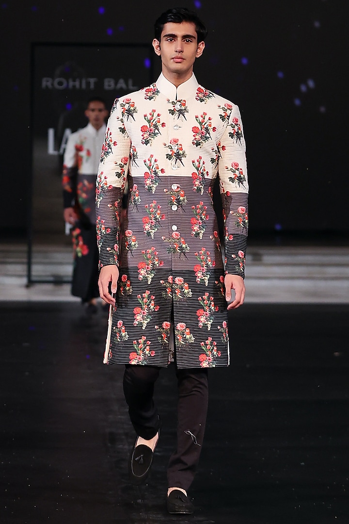 Multi-Colored Chanderi Printed Sherwani by Rohit Bal Men