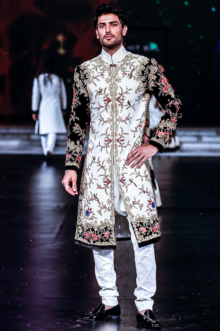 Ivory Matka Silk Hand & Machine Embroidered Sherwani by Rohit Bal Men