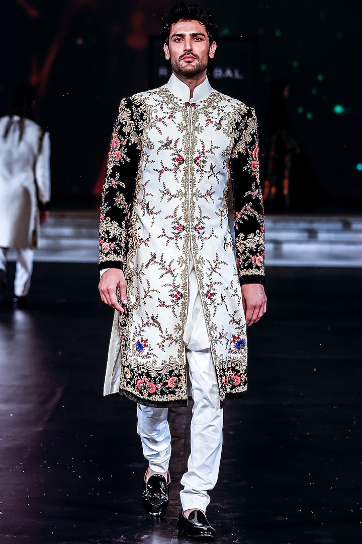Ivory Matka Silk Hand & Machine Embroidered Groom Sherwani by Rohit Bal Men at Pernia's Pop Up Shop