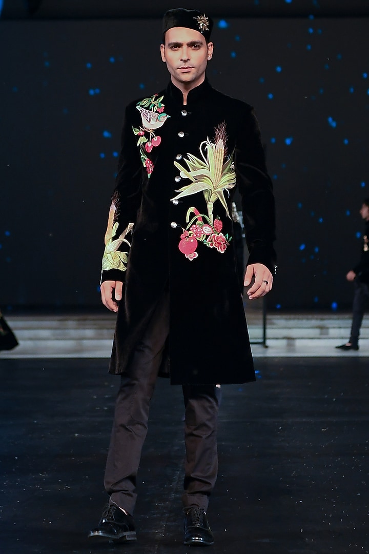 Black Silk Velvet Hand & Machine Embroidered Sherwani by Rohit Bal Men