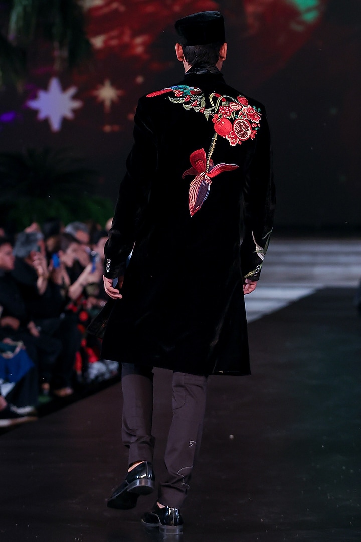Black Silk Velvet Hand & Machine Embroidered Groom Sherwani by Rohit Bal Men at Pernia's Pop Up Shop