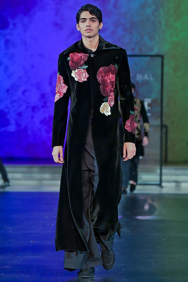 Black Silk Velvet Embroidered Sherwani by Rohit Bal Men