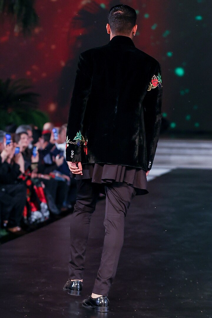 Black Silk Velvet Thread Hand Embroidered Groom Bandhgala by Rohit Bal Men at Pernia's Pop Up Shop