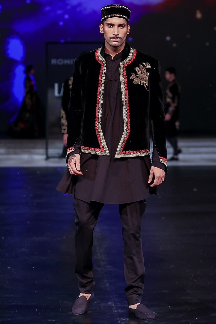 Black Silk Velvet Thread Hand Embroidered Jacket by Rohit Bal Men