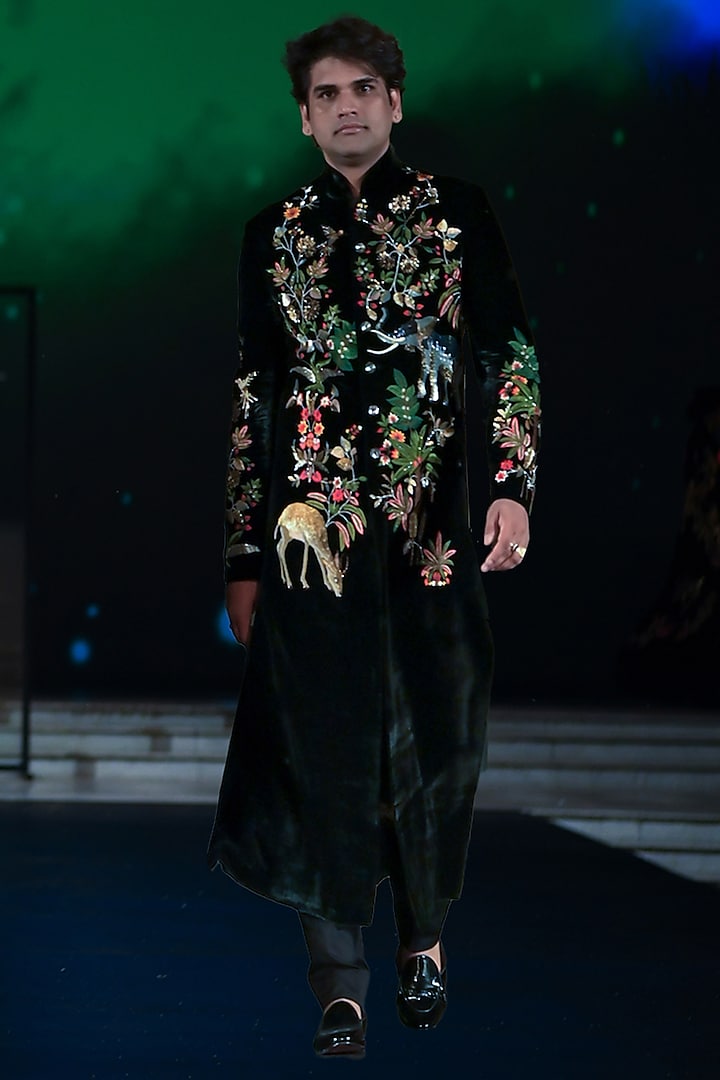 Black Silk Velvet Hand & Machine Embroidered Sherwani by Rohit Bal Men