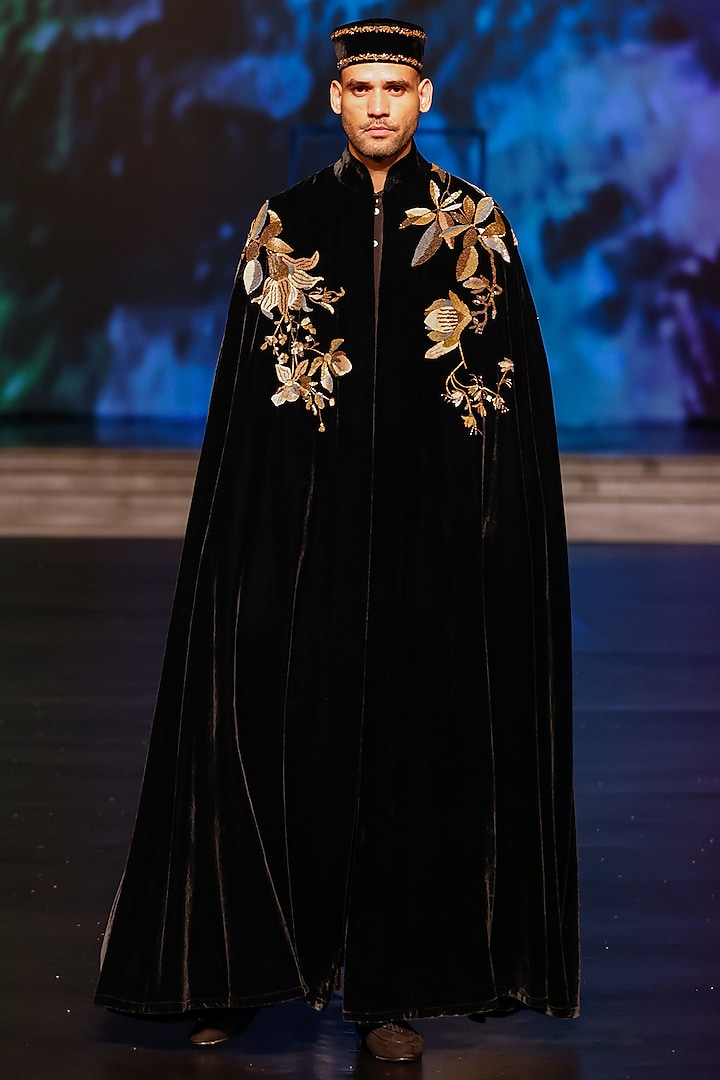 Black Silk Velvet Cape by Rohit Bal Men