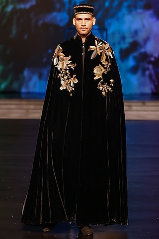 Black Silk Velvet Cape by Rohit Bal Men