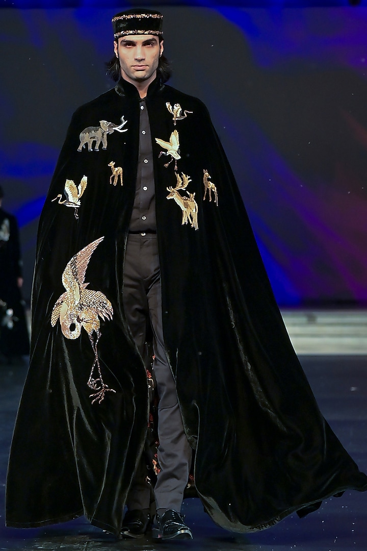 Black Silk Velvet Hand & Machine Embroidered Cape by Rohit Bal Men