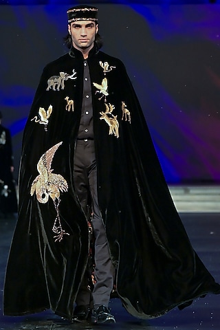 Black Silk Velvet Hand & Machine Embroidered Cape by Rohit Bal Men