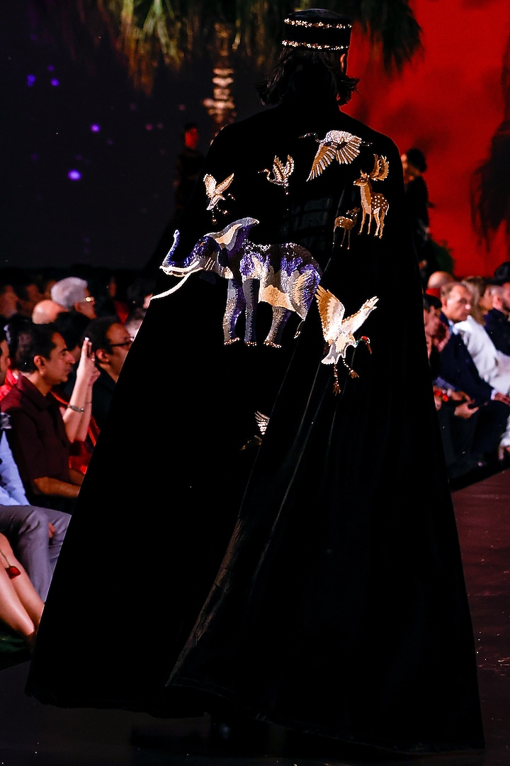 Black Silk Velvet Hand & Machine Embroidered Cape by Rohit Bal Men at Pernia's Pop Up Shop
